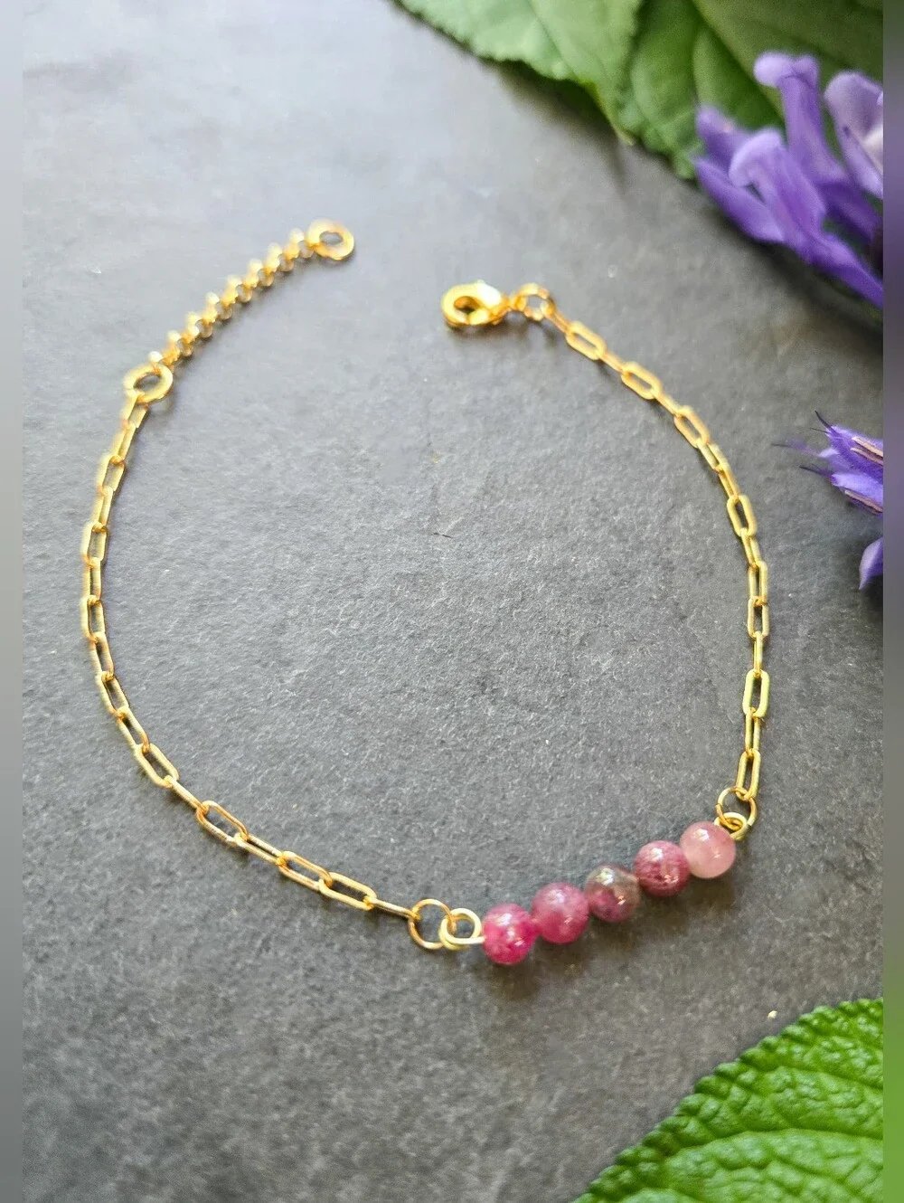 NWT Artisan-Made Pink Tourmaline 24k Gold-Plated Paperclip Chain Bracelet